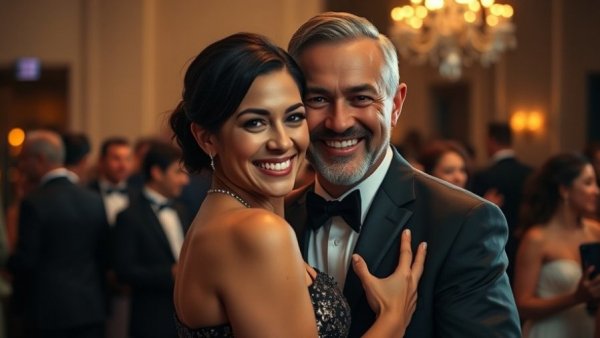 Couple smiling at event, dressed formally, warm lighting.