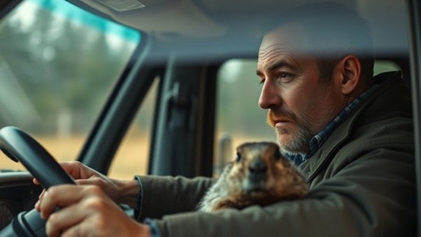 Groundhog Day scene featuring a man and a groundhog in a truck.