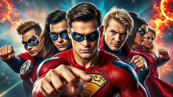 Superheroes with dramatic poses and cosmic background, Universal Echo Powers.