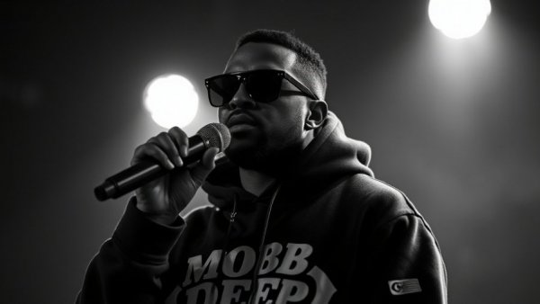 Performer wearing Mobb Deep hoodie in dramatic spotlight.