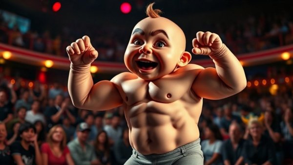 Humorous portrayal of muscular baby costume on a vibrant stage, The Sexy Baby