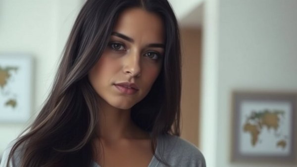 Pensive woman with long dark hair indoors, reflecting mood.