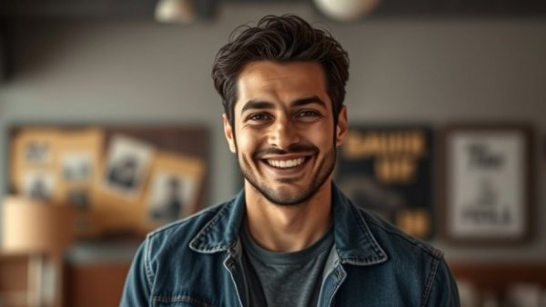 Casual everyday vibes denim look, man in denim jacket indoors.