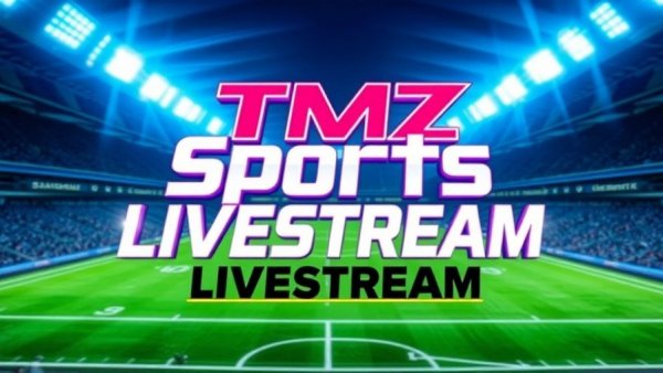 TMZ Sports livestream vibrant graphic with stadium background.
