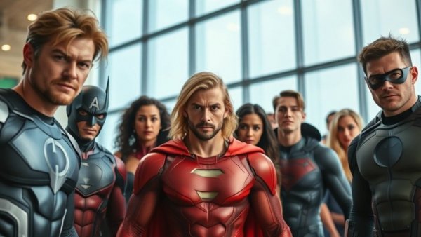 Superheroes ready for action in modern setting, highlighting Hawkeye Power Upgrade.