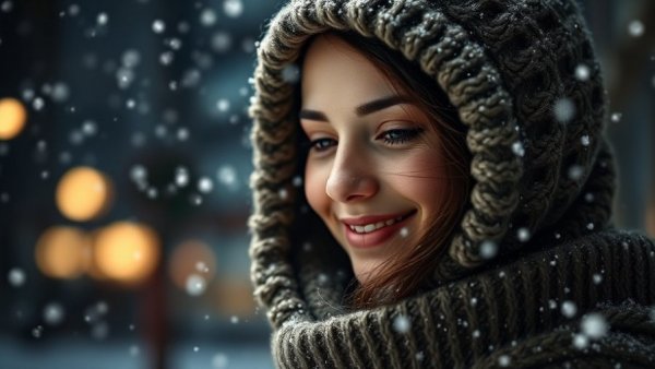 Young woman in knitted hood enjoying snowfall, Walmart early Black Friday beauty deals.