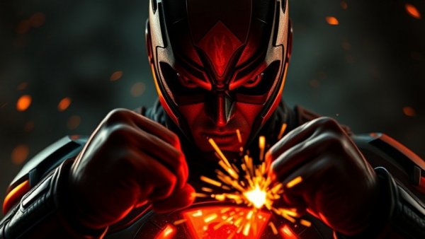 Superhero clenching fists with glowing eyes in dramatic artwork.