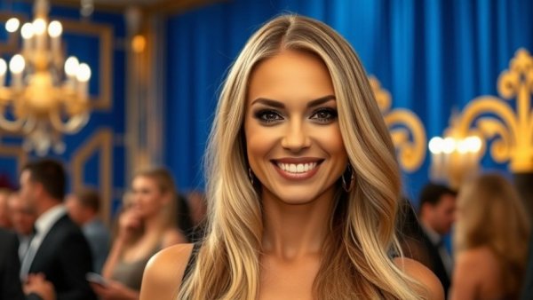 Elegant blonde woman smiling at BravoCon 2025 event.