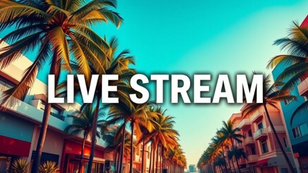 Colorful poster for live stream featuring palm trees and bold text for latest celebrity trends.