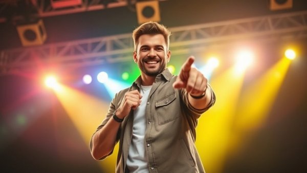 Charismatic man on stage pointing confidently, Jamal Roberts winner trendsetter.