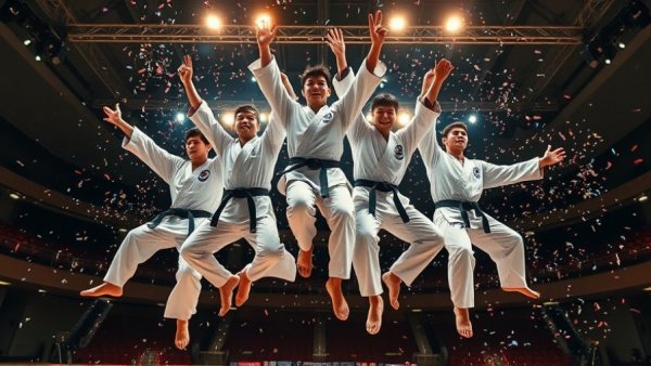 World Taekwondo Demonstration Team performing and celebrating victory with confetti.