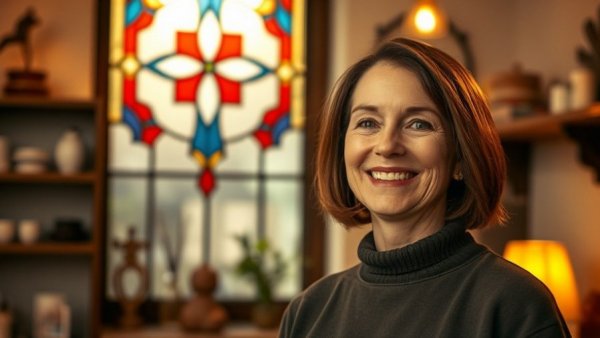 Woman smiling warmly in a cozy, warmly lit room; Fire Country Season 4 Sharon's Mother Ruby Quinn.