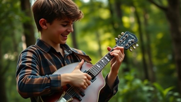 Musician with mandolin playing in a green forest, soft daylight.