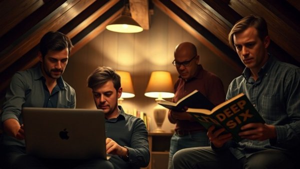 NCIS Timothy McGee Page Turner episode scene with focused group in dim room.