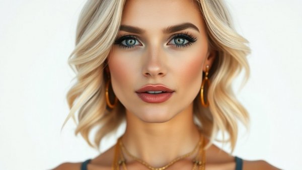 Woman with blonde hair and gold jewelry in soft lighting.