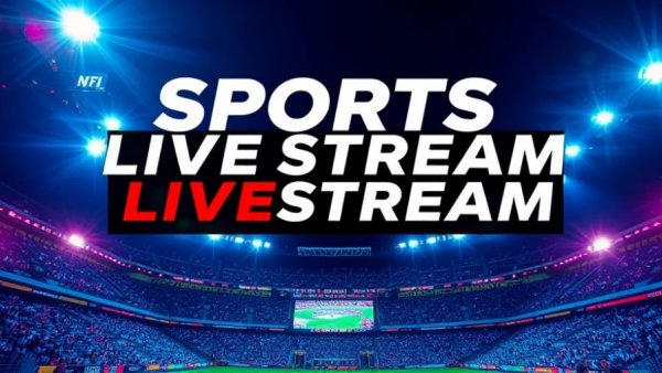 Dynamic sports livestream graphic over stadium, bold text, vibrant lights.