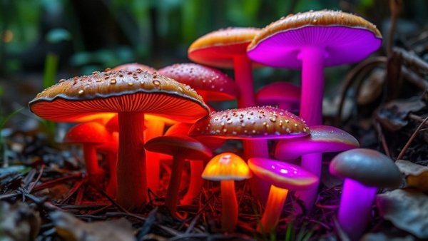 Bioelectric mushrooms generating music in a forest scene.