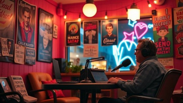 Cozy podcast room with vintage posters and colorful lighting.