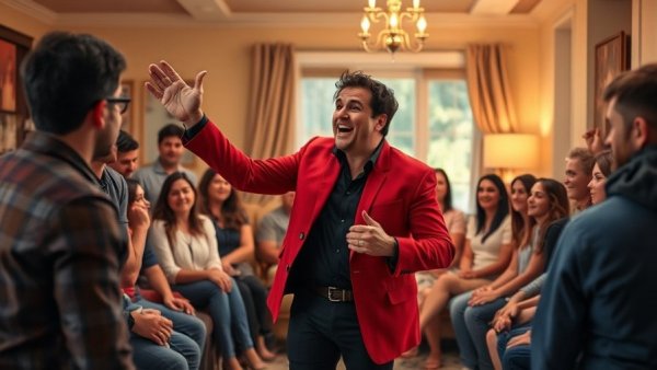 New York Comedy Festival 2025 highlights: performer in red blazer entertaining group in cozy setting.