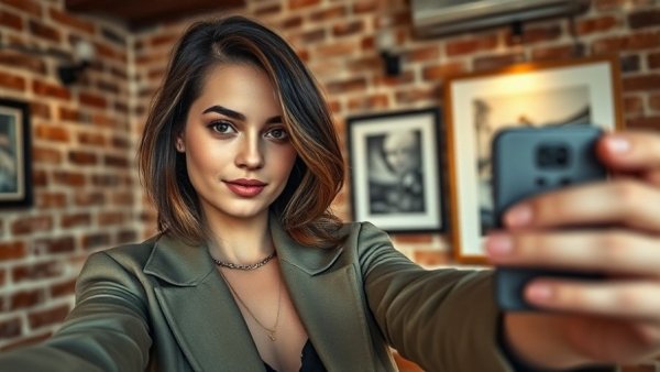 Stylish young woman taking a selfie in a chic room.