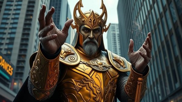 Dr. Fate in golden armor summoning power in urban DC Universe.