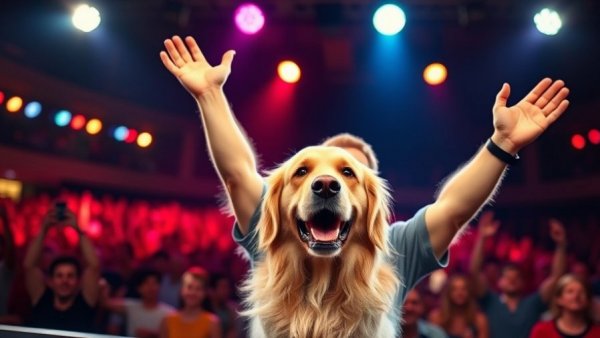 Dancing Dog José and Carrie with man celebrating on stage, vibrant lights.