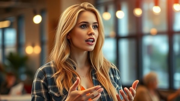 Stylish woman discussing topics in vibrant indoor setting
