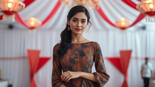 Bunnie Xo Thanksgiving Mission, woman in patterned dress at event.