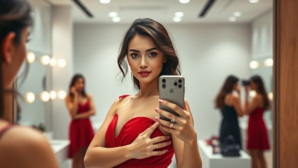 Elegant woman taking a mirror selfie in a red dress in a dressing room.