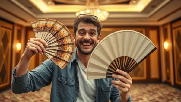 Man performs playful turkey impression with fan on stage.