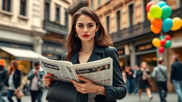 Fashionable woman with Coach Tabby bag in city street.