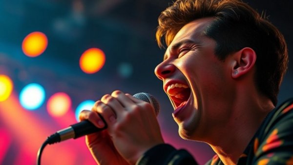 Energetic singer performing 'Don't Stop Believin' on stage, vibrant lights.