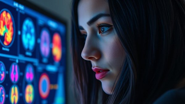 Close-up of woman examining colorful brain scans, indoors with soft lighting.
