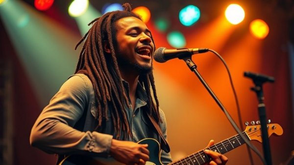 Casual musician performing Chuck Adams' cover of Iris, vibrant stage lighting.