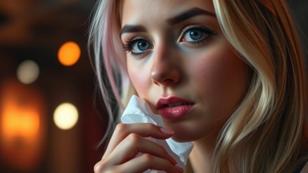 Blonde woman emotional during American Idol performance, close-up.