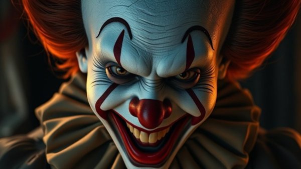 Terrifying clown depiction, Pennywise's origin story ambiance.