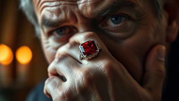 Close-up on a man's eye with red-glowing ring, cinematic style.
