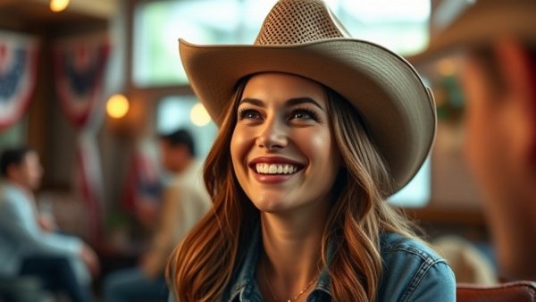 Smiling woman in cowboy hat engaging in American Idol audience connection.