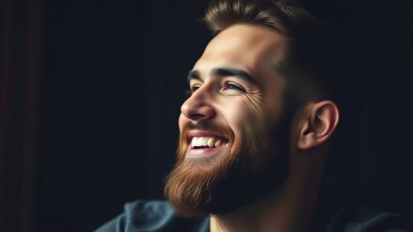 Smiling man with a beard wearing a suit, dark background.