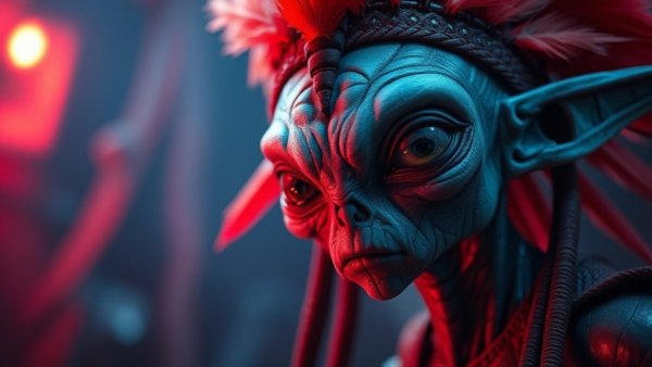 Intense alien character with red headdress in a mystical setting.