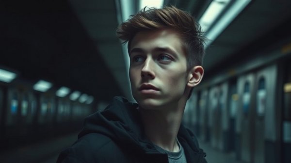 Thoughtful man standing in a shadowy subway, cinematic lighting.