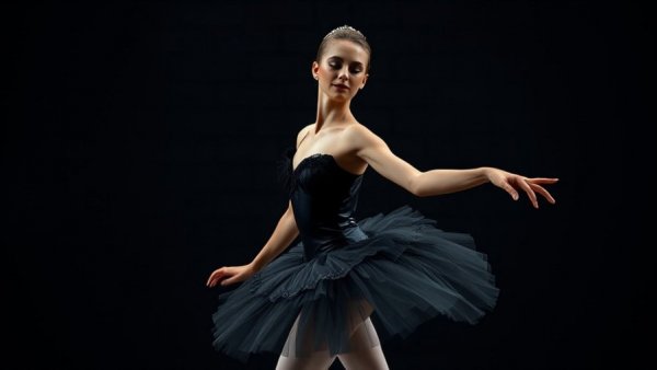 Ballerina in Black Swan costume poised gracefully. Black Swan Secrets.