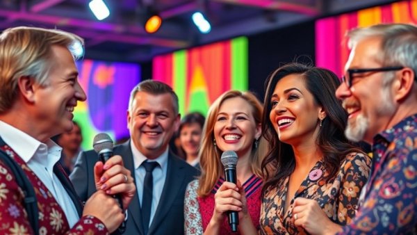 Two people smiling and chatting at an event, microphones in hand.