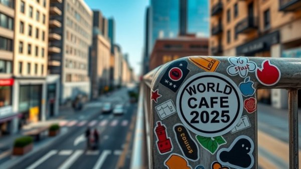 Stickers on railing in sunny city highlight 'World Cafe 2025'.