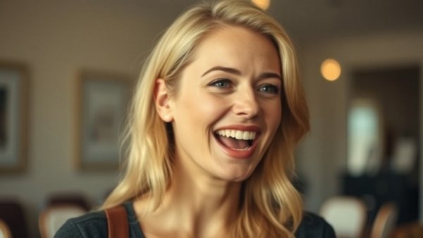 Blonde woman speaking energetically in a cinematic setting.