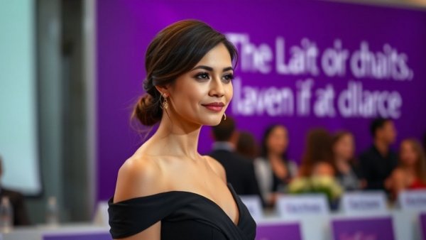 Dakota Johnson in a black dress at an event with a purple backdrop.