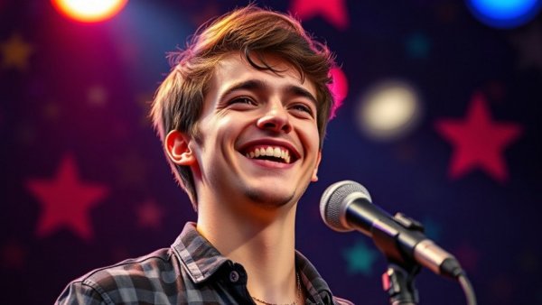 Drew Lynch smiling on stage, holding a microphone during a talent show.