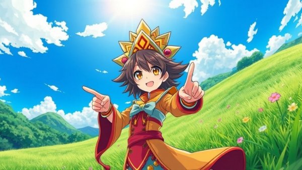 Genshin Impact character with headpiece in vibrant landscape