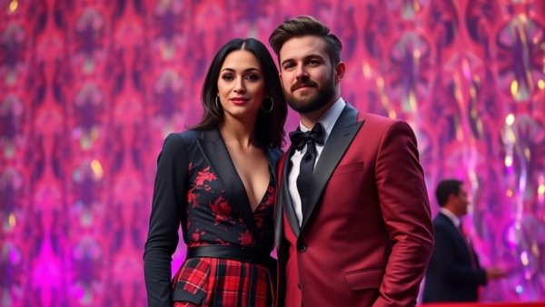 Fashionably dressed couple posing at event.