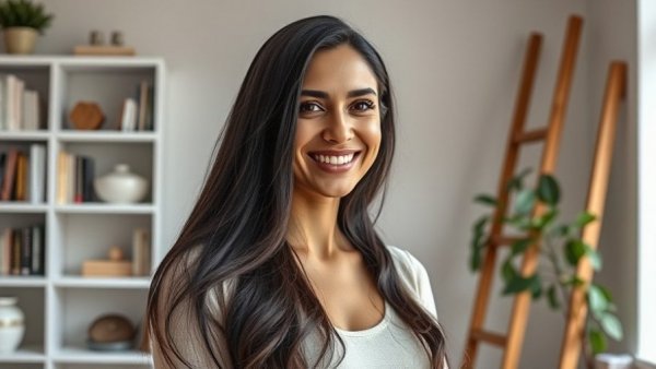 Confident woman in modern interior for Gingerbread Land event.
